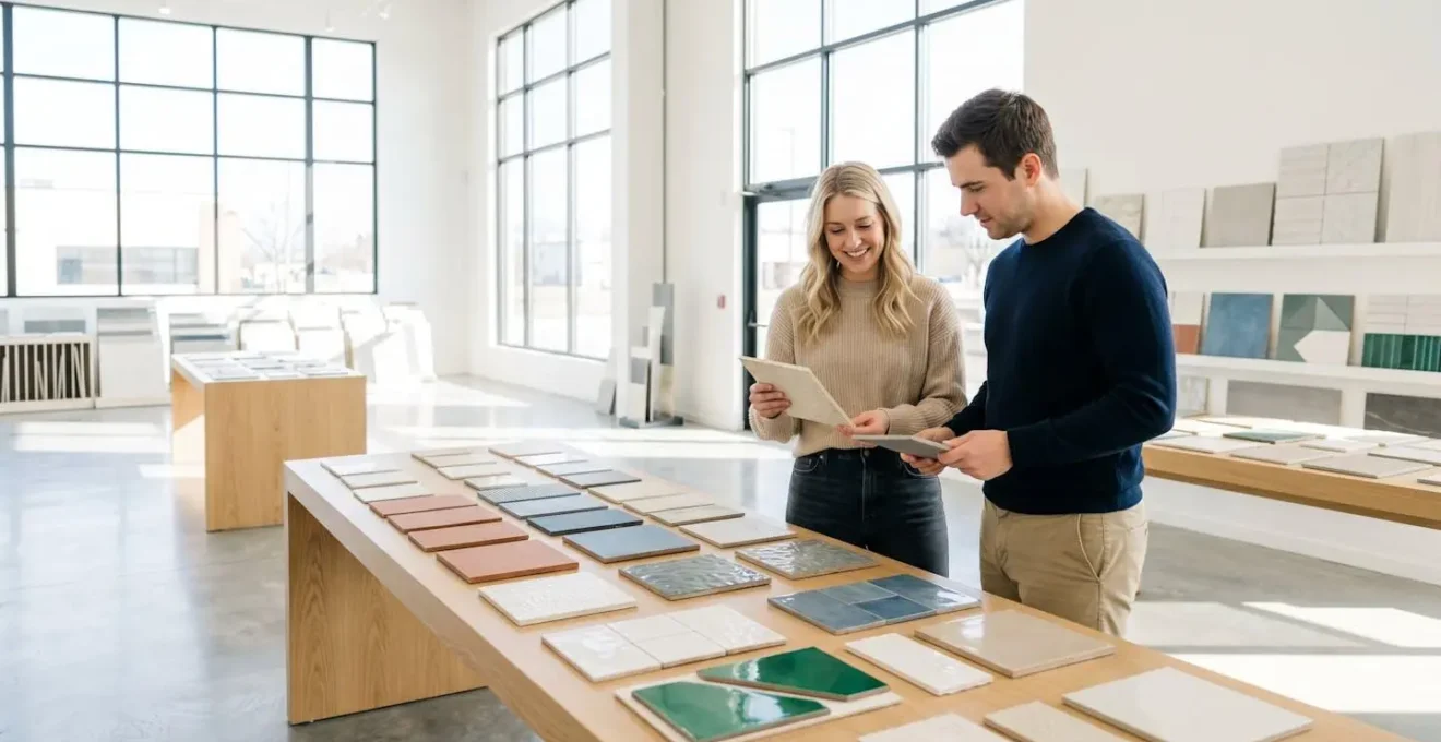 Couple examinant des échantillons de carrelage dans un showroom lumineux