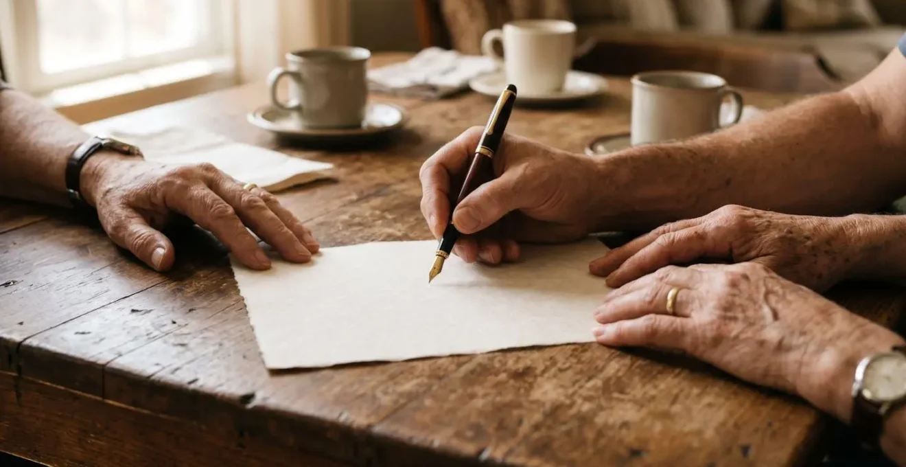 Mains signant un document de prêt familial autour d'une table