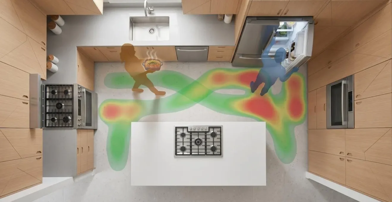Vue aérienne 3D d'une cuisine montrant les zones de circulation et les conflits d'usage potentiels