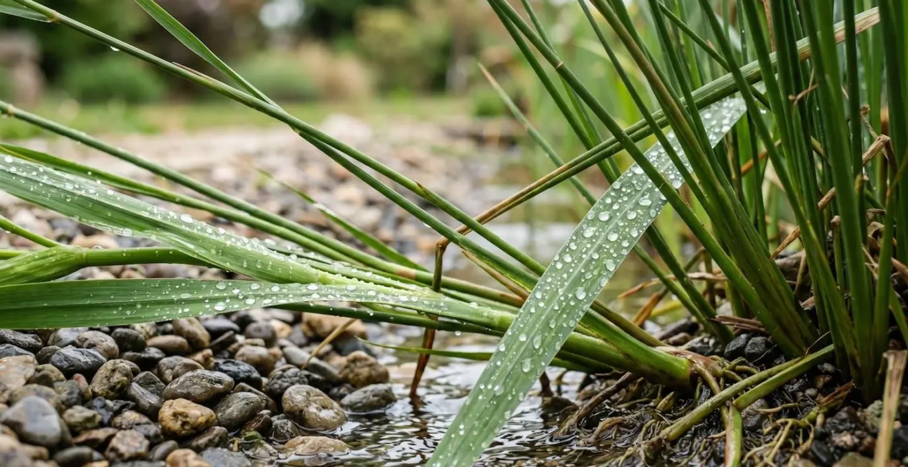 Système de phytoépuration avec bassins plantés de roseaux et iris dans un jardin français