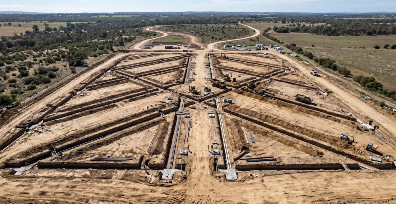 Vue aérienne d'un terrain en cours de viabilisation avec tranchées pour raccordements