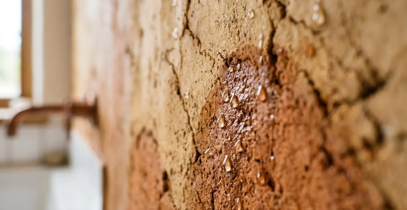 Mur en terre crue dans une salle de bain moderne