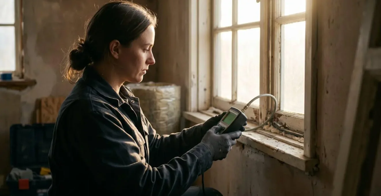 Technicien réalisant un test d'infiltrométrie avec équipement de mesure dans une maison passive