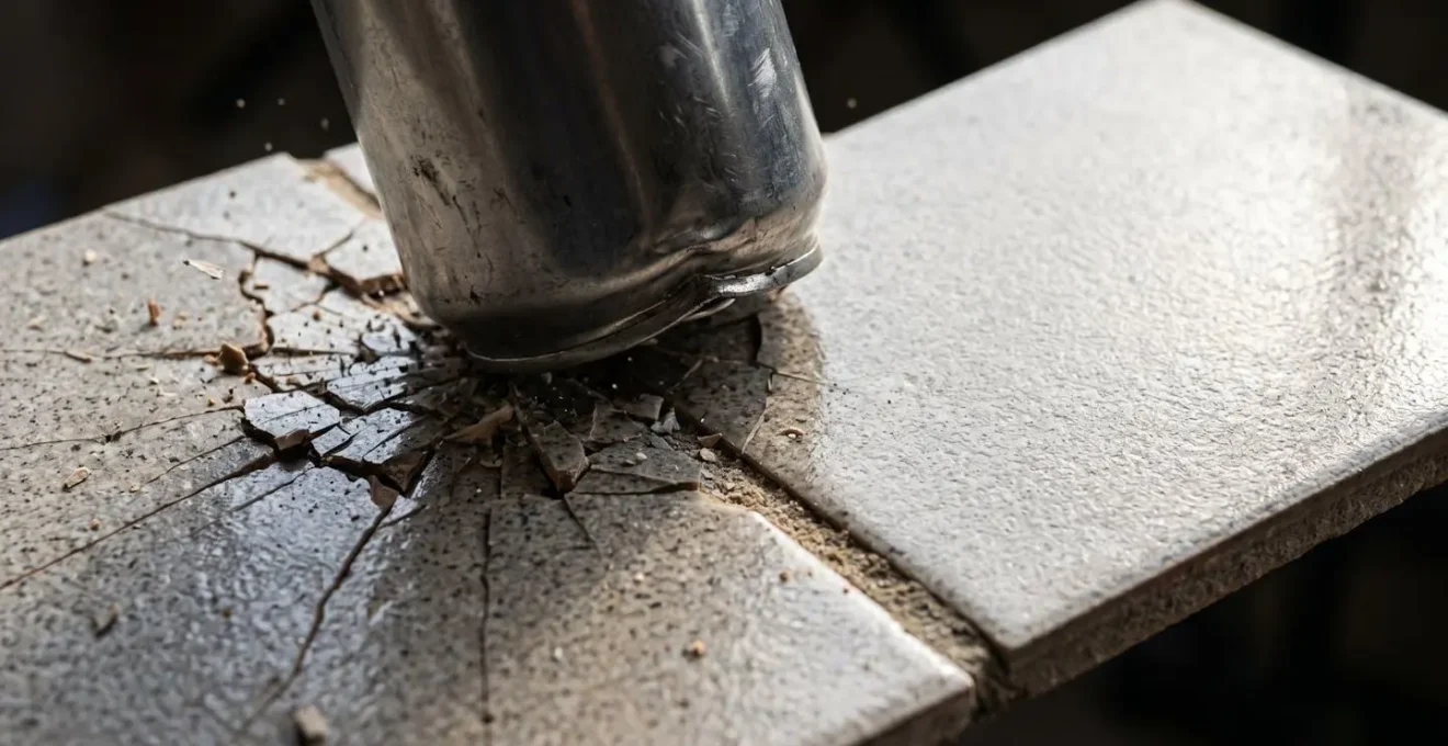 Test de chute d'une conserve sur deux carrelages différents montrant l'impact sur un carrelage non classé P4 et l'absence de dommage sur un P4.