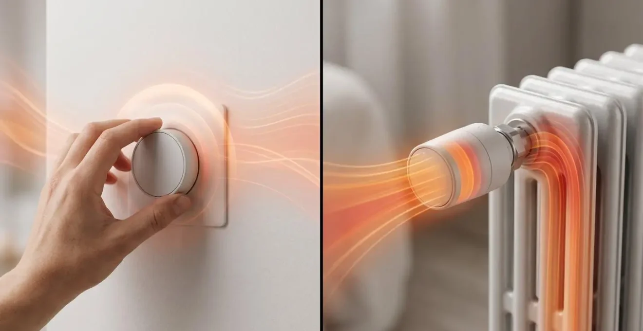 Comparaison visuelle entre un thermostat mural intelligent et un robinet thermostatique sur un radiateur.