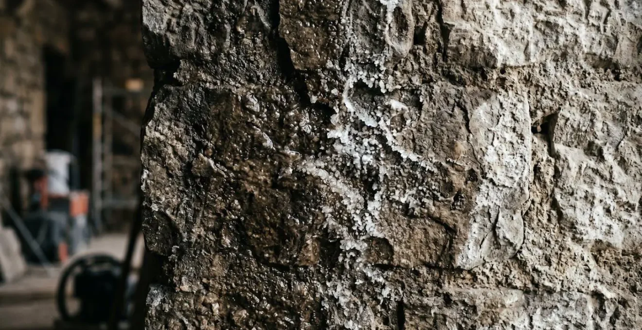 Gros plan sur un mur ancien en pierre avec traces d'humidité et système d'injection hydrofuge en cours