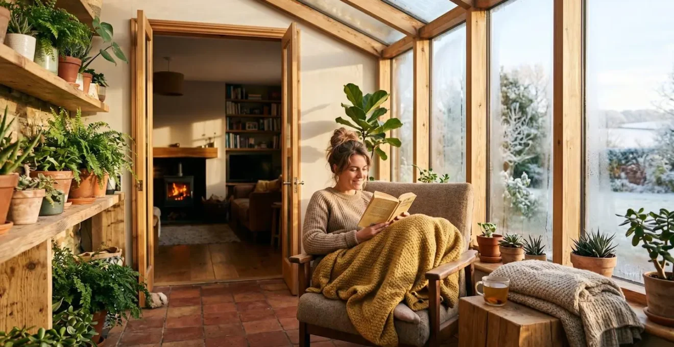 Vue intérieure d'une véranda bioclimatique avec circulation d'air chaud visible