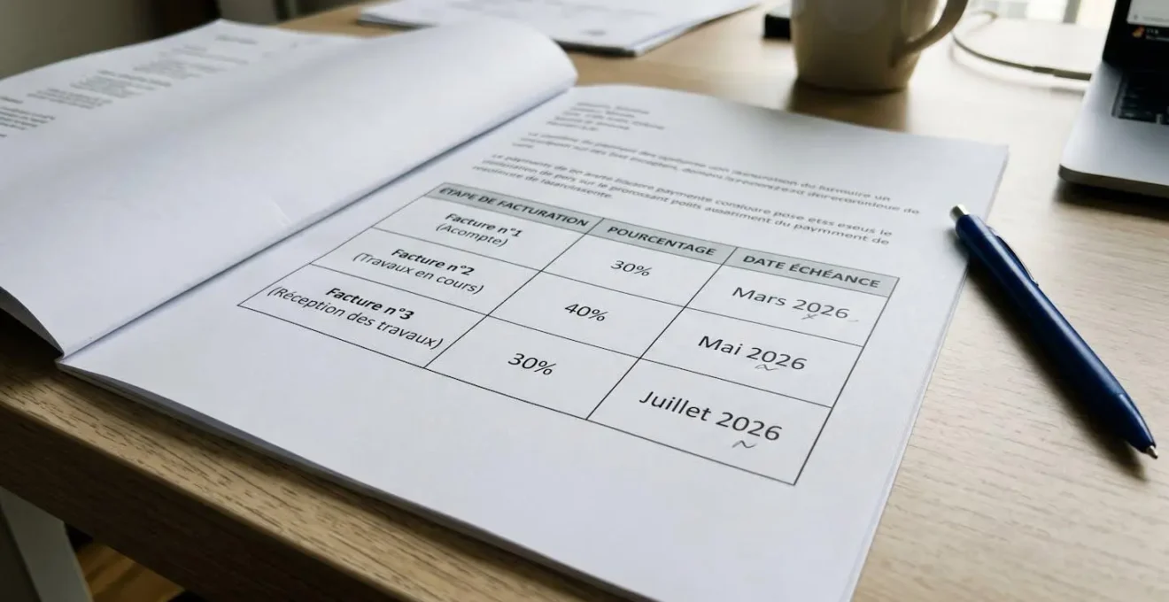 Gros plan sur un calendrier de facturation progressive de contrat de construction montrant structure 30-40-30 pour cent, document en français