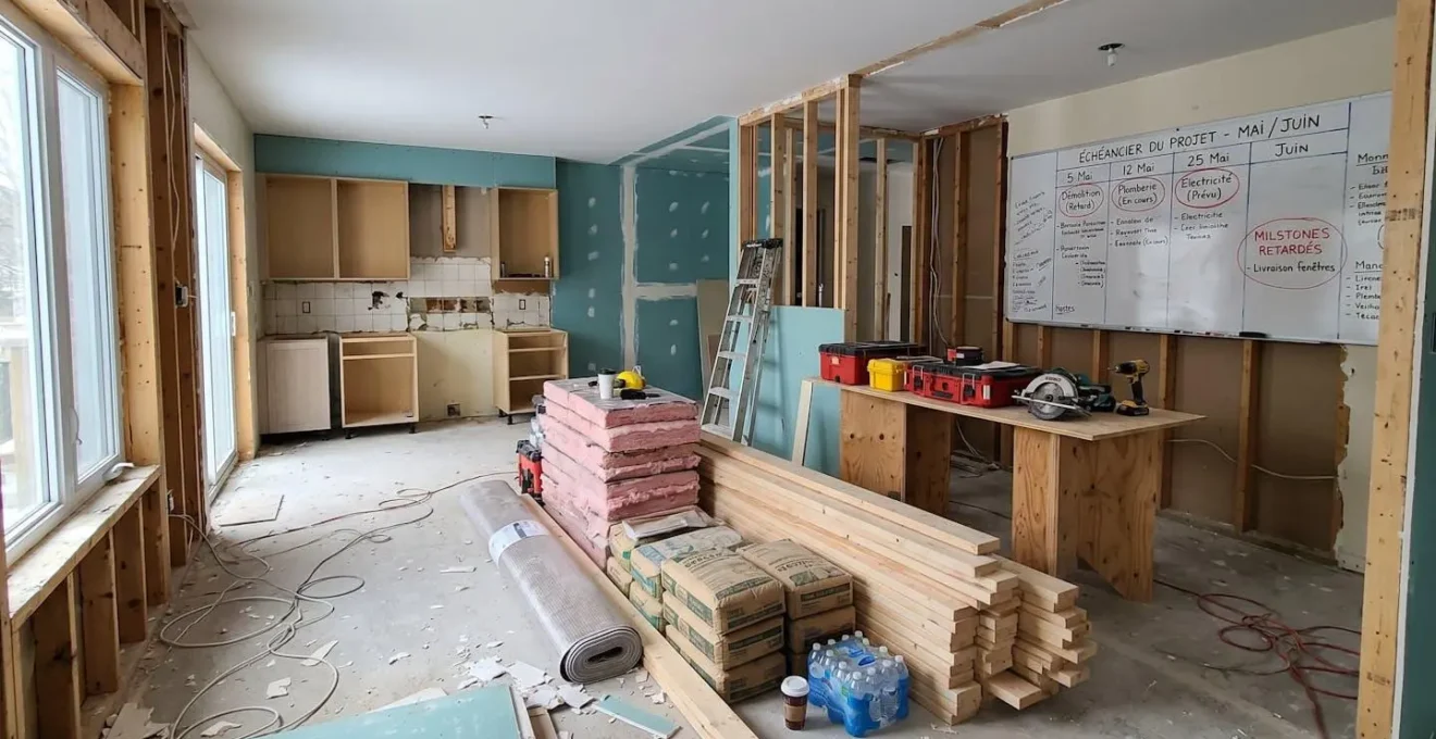 Chantier de rénovation résidentielle en cours avec matériaux entreposés et calendrier mural montrant jalons reportés, intérieur contemporain montréalais