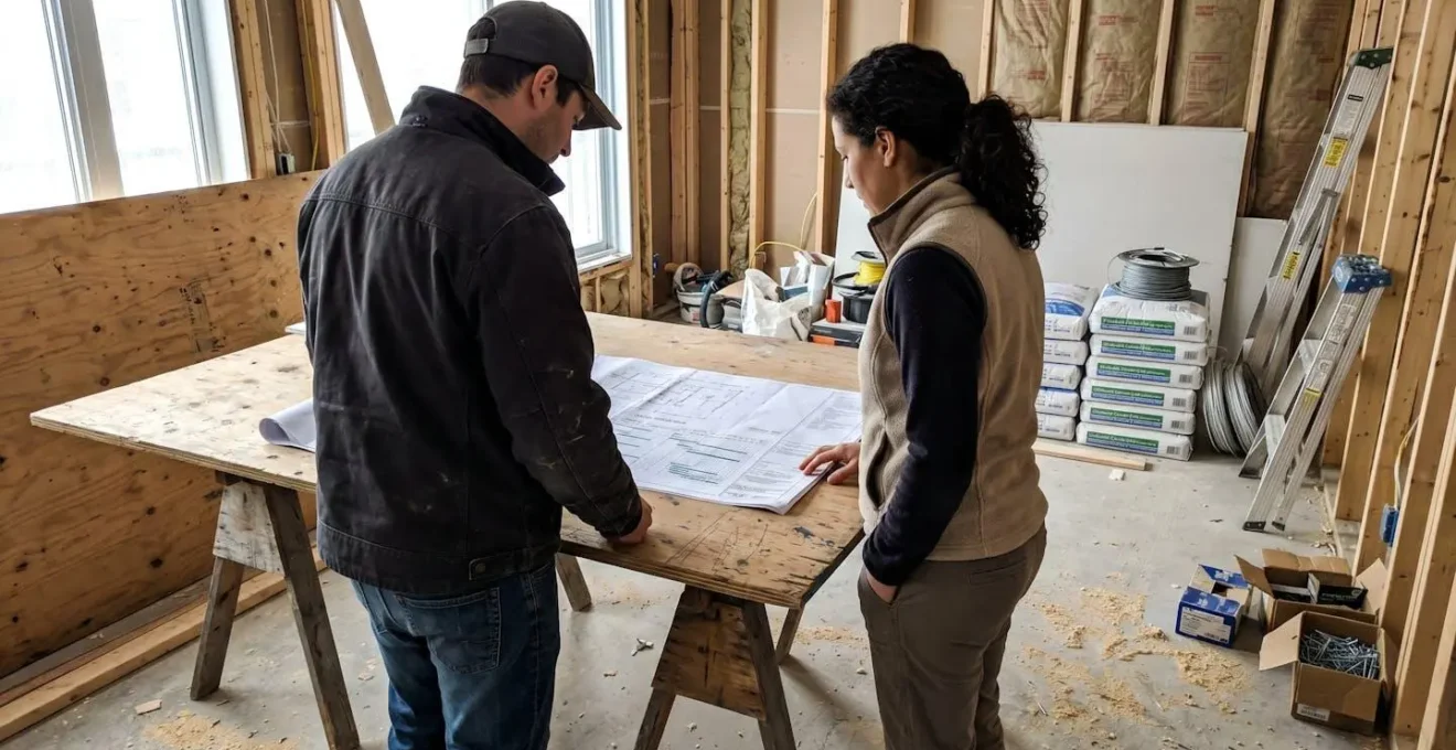 Propriétaire et entrepreneur examinent ensemble des plans de construction et un calendrier détaillé sur une table de chantier résidentiel à Montréal