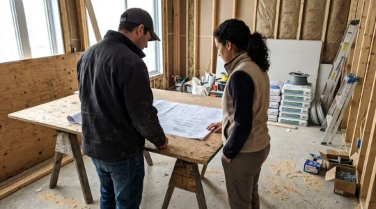 Propriétaire et entrepreneur examinent ensemble des plans de construction et un calendrier détaillé sur une table de chantier résidentiel à Montréal