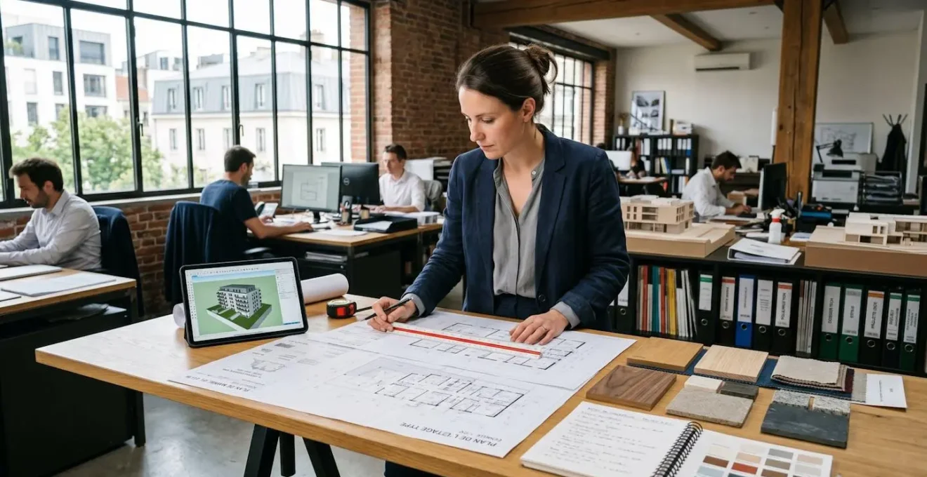 Architecte consultant des plans techniques sur une table de travail dans une agence d'architecture contemporaine française, avec outils de mesure et échantillons de matériaux