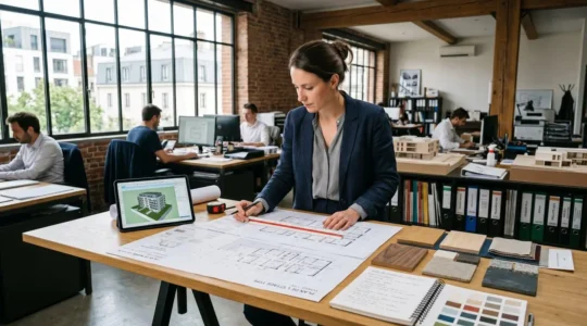 Architecte consultant des plans techniques sur une table de travail dans une agence d'architecture contemporaine française, avec outils de mesure et échantillons de matériaux