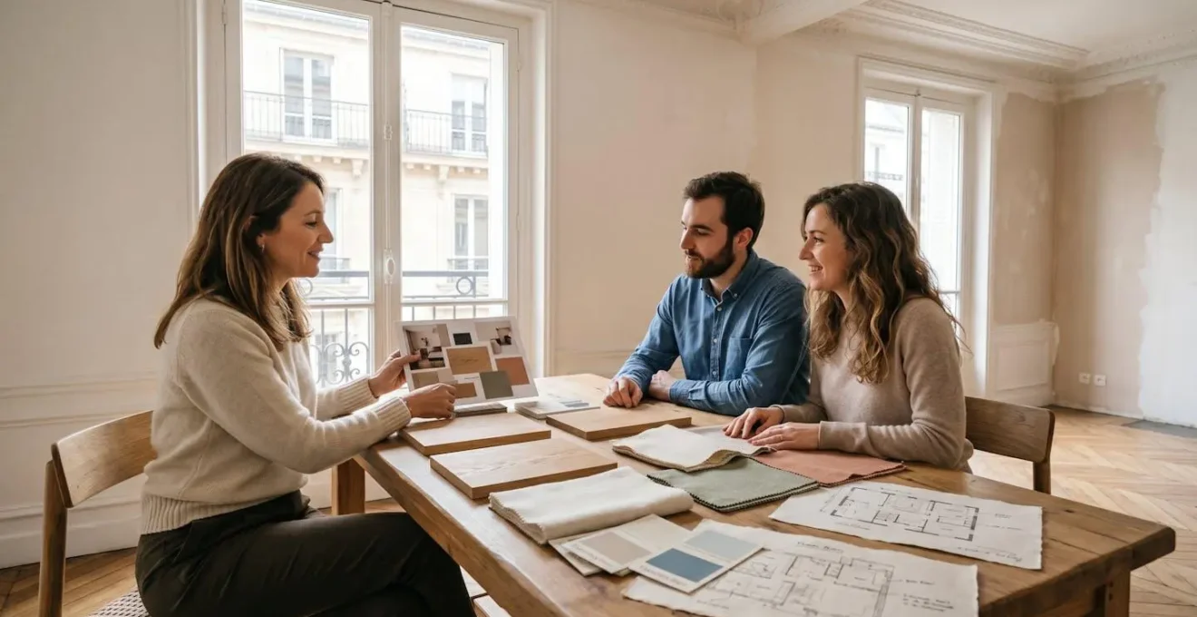 Consultation entre un architecte d'intérieur et un couple de clients autour d'échantillons de matériaux dans un intérieur français en rénovation