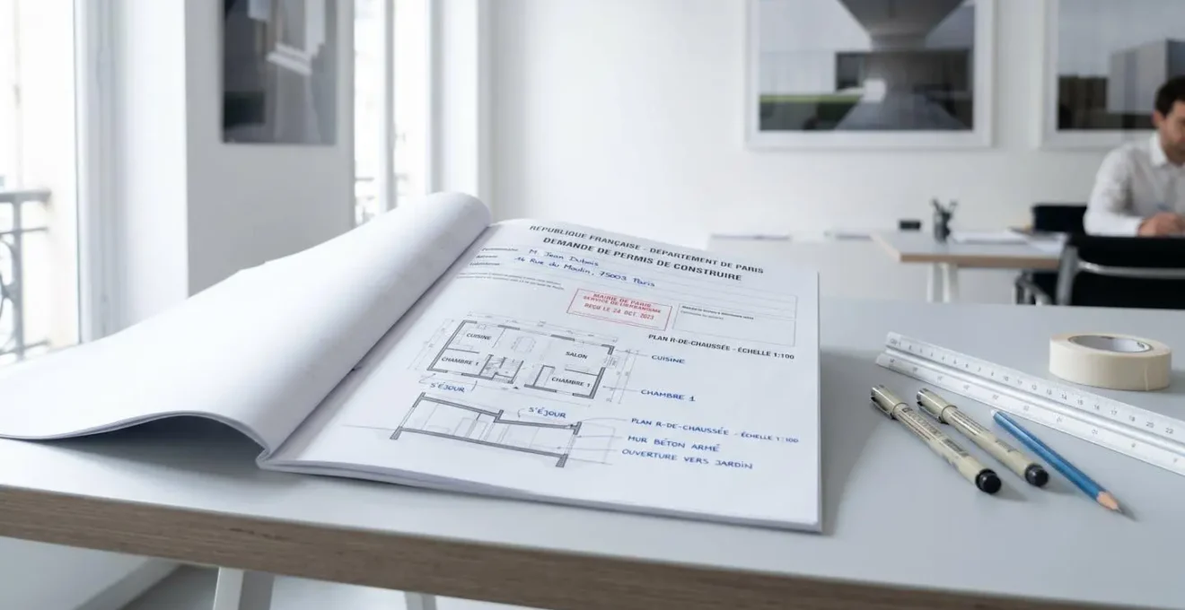 Dossier de permis de construire français avec plans techniques et tampons officiels sur un bureau d'architecte
