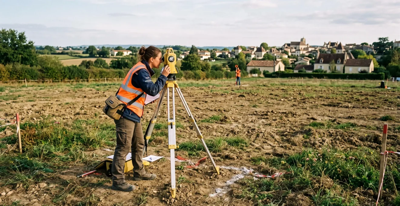Géomètre utilisant un théodolite pour délimiter un terrain constructible dans la région de Périgueux
