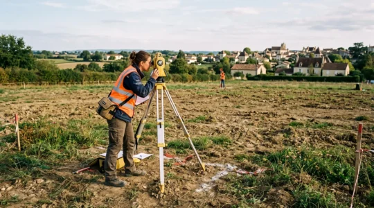 Géomètre utilisant un théodolite pour délimiter un terrain constructible dans la région de Périgueux