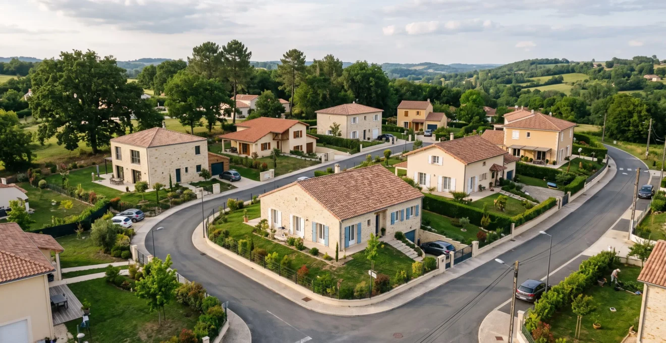 Quartier pavillonnaire récent dans la périphérie de Périgueux avec architecture périgourdine traditionnelle